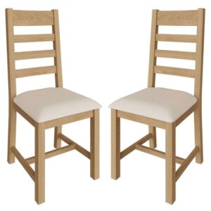 Concan Oak Wooden Ladder Back Fabric Seat Dining Chairs In Pair