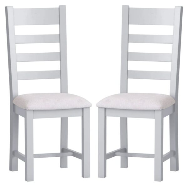 Elkin Ladder Grey Wooden Dining Chairs With Fabric Seat In Pair