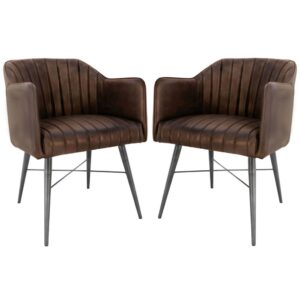 Fraser Brown Leather Dining Chairs With Metal Legs In Pair