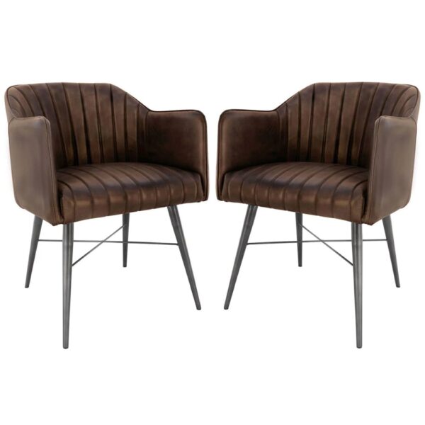 Fraser Brown Leather Dining Chairs With Metal Legs In Pair