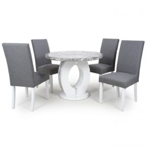 Naiva Grey Marble Round Dining Table 4 Rabat Steel Grey Chairs