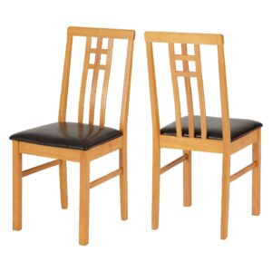 Vestal Oak Wooden Dining Chairs With Faux Leather Seat In Pair