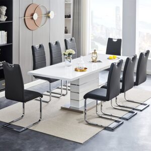 Parini Large Extending White Dining Table 8 Petra Black Chairs