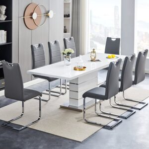 Parini Large Extending White Dining Table 8 Petra Grey Chairs