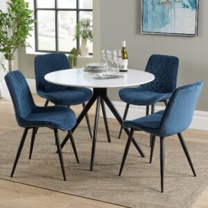 Arta Round White Wooden Dining Table 4 Blue Diamond Chairs