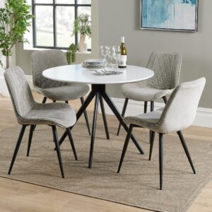 Arta Round White Wooden Dining Table 4 Light Grey Diamond Chairs