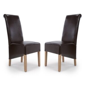 Kyoto Brown Leather Dining Chairs With Oak Legs In Pair