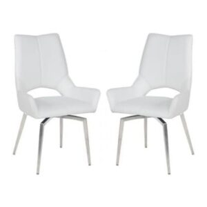 Scissett Swivel White Faux Leather Dining Chairs In Pair