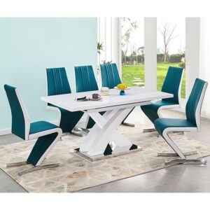 Axara Large Extending White Dining Table 6 Gia Teal White Chairs