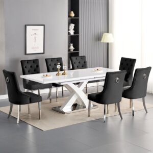 Axara Large Extending White Dining Table 8 Imperial Black Chairs