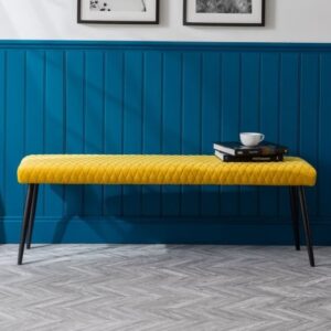 Lakia Low Velvet Upholstered Dining Bench In Mustard