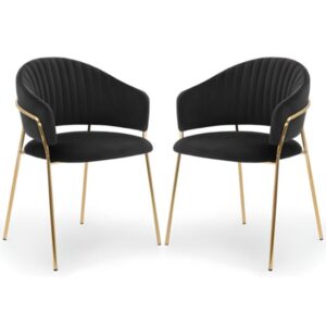 Monzo Black Velvet Dining Chairs With Gold Legs In Pair