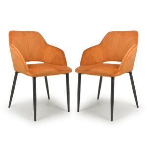 Narva Burnt Orange Velvet Dining Chairs With Black Legs In Pair